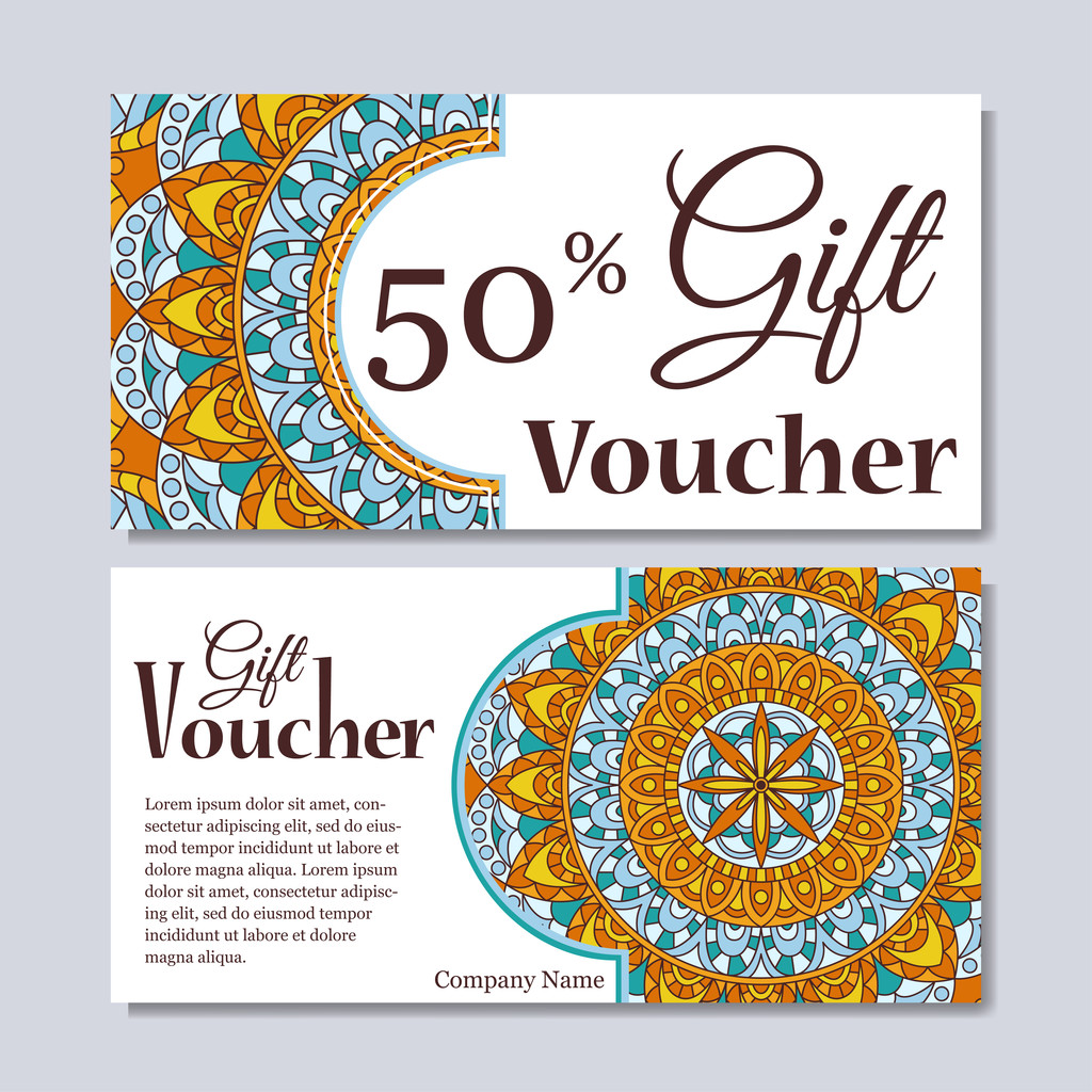 Gift voucher template with mandala. Design certificate for sport center, magazine or etc. Vector gift coupon with ornament on background. - Vector, Image