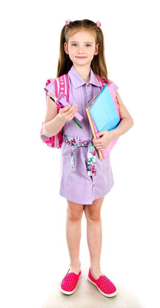 Retrato de colegiala sonriente con libros y mochila aislada
  - Foto, Imagen