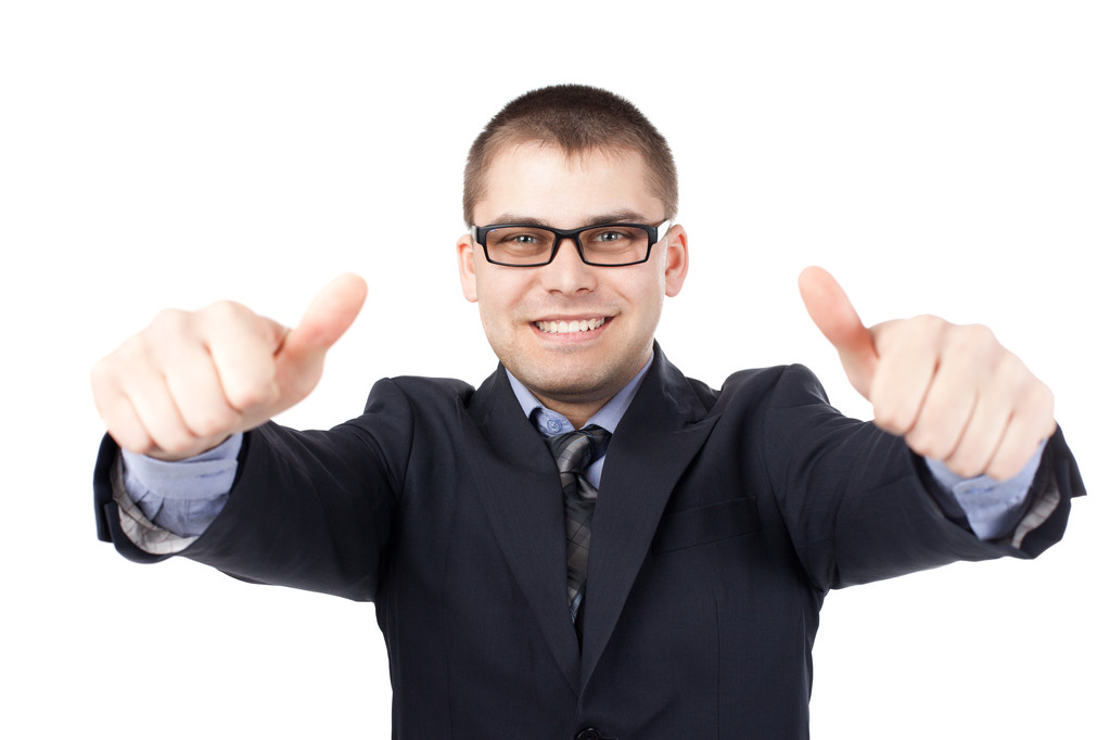 Sorrindo feliz jovem homem de negócios mãos fazer polegares isolados em
 - Foto, Imagem