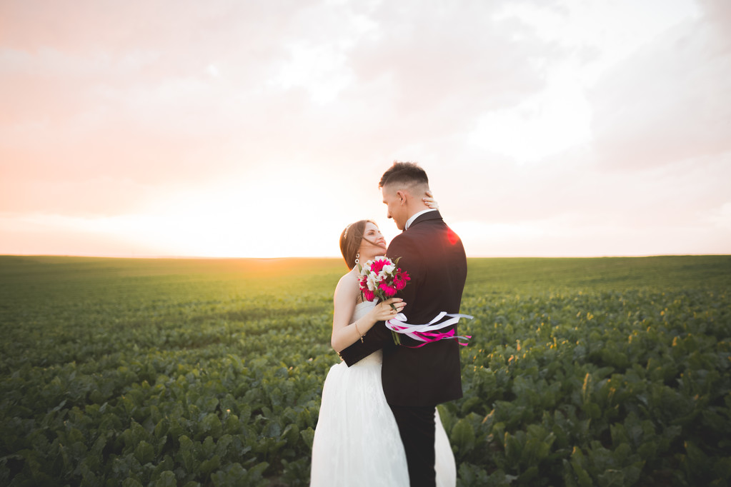 Όμορφο γαμήλιο ζεύγος, αγάπη για το ηλιοβασίλεμα. Fielf με λουλούδια - Φωτογραφία, εικόνα
