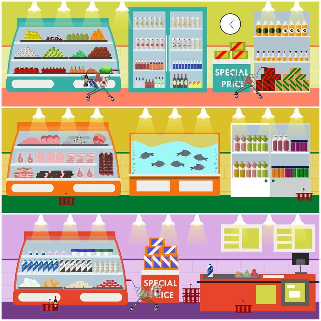 Illustrazione vettoriale interna del supermercato in stile piatto. Articoli di prodotto nel negozio di alimentari. Prodotti alimentari e alimentari sugli scaffali
 - Vettoriali, immagini