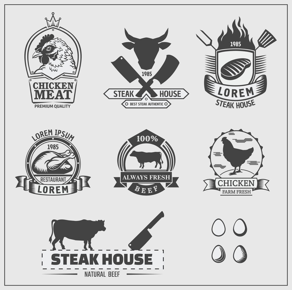 Ensemble d'étiquettes de poulet et de bœuf, d'emblèmes et d'éléments de design
. - Vecteur, image