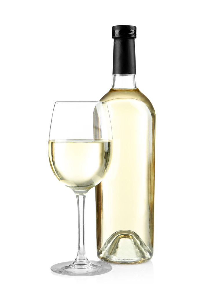 Biały kieliszek i butelka wina - Zdjęcie, obraz