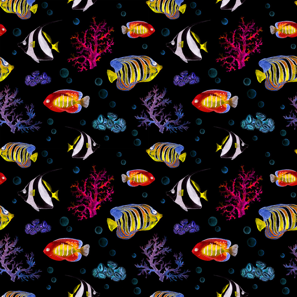 Egzotik balıkları, deniz mercan. Neon aydınlatma sorunsuz arka plan. Suluboya - Fotoğraf, Görsel