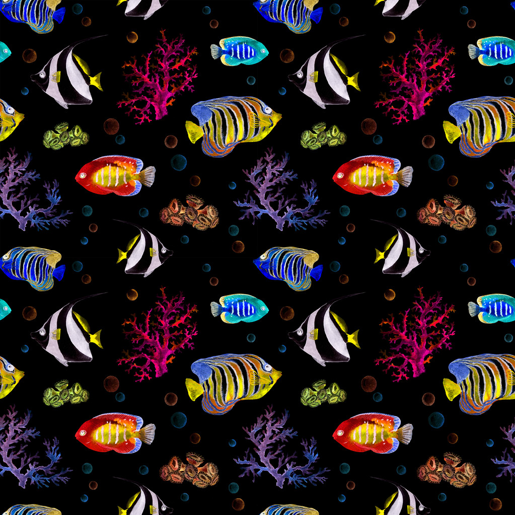 Exotic fishes, sea corals. Neon lighting seamless background. Watercolor - Photo, Image