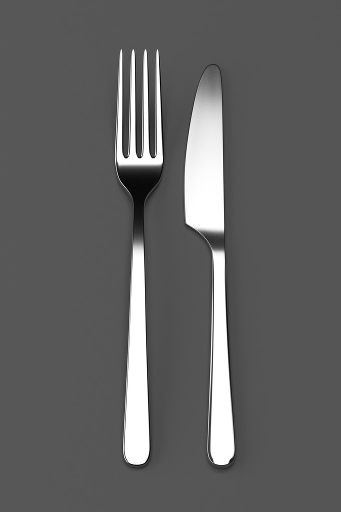 Forchetta e coltello su grigio
 - Foto, immagini