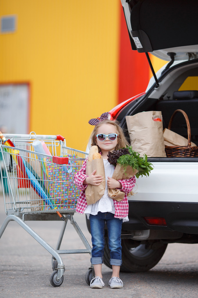 車の近くに食料品の完全なショッピングカートを持つ女の子 - 写真・画像