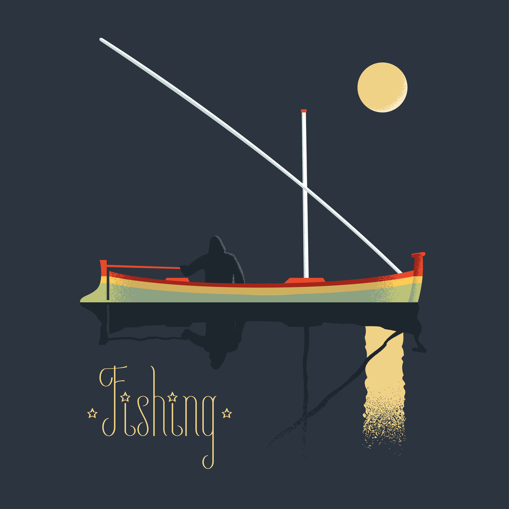 Pescador a pescar a ilustración del vector de la noche - Vector, imagen