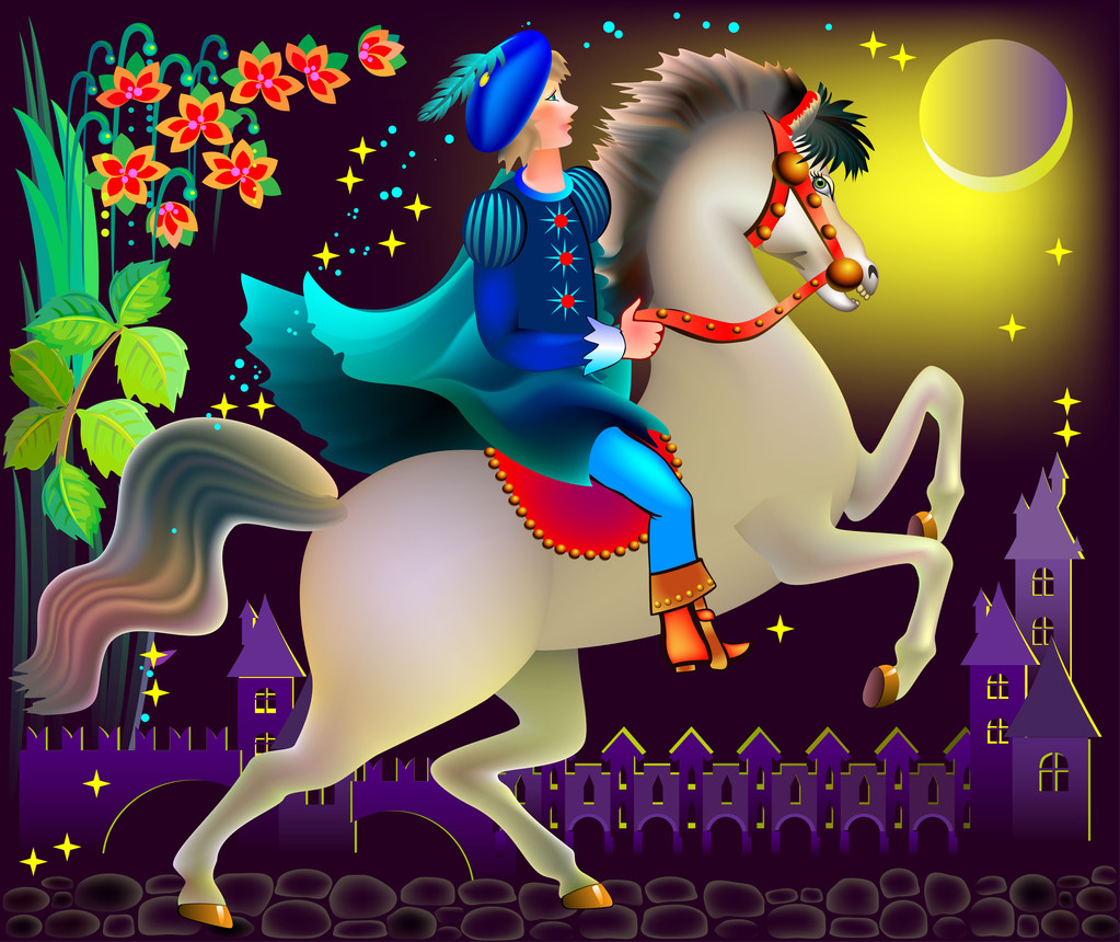 Ilustración del príncipe montado en un caballo en el país de las maravillas
. - Vector, imagen