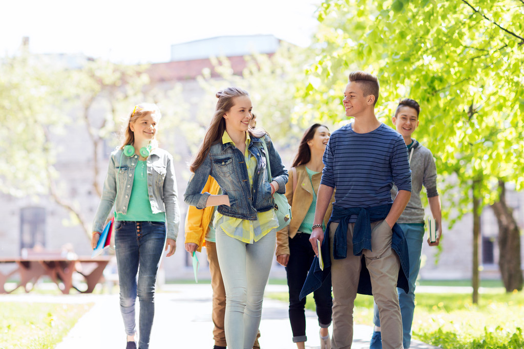 Grupa szczęśliwy nastoletnich uczniów, chodzenie na zewnątrz - Zdjęcie, obraz