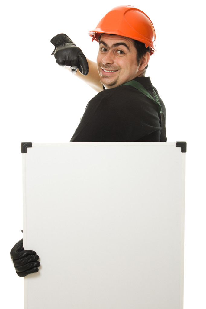 Construtor sênior segurando a placa em branco
 - Foto, Imagem