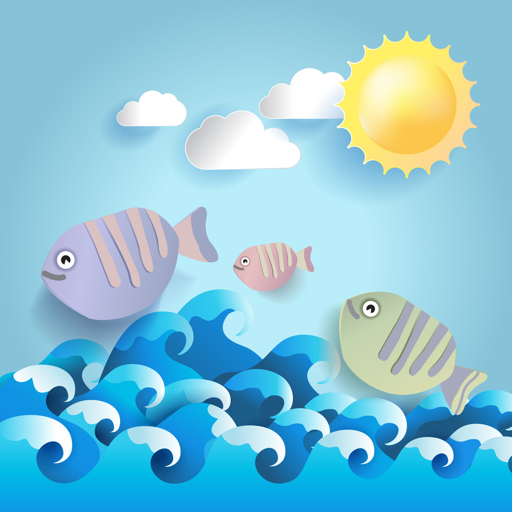 Fundo de verão com peixes e un, papel style.vector ilustração
 - Vetor, Imagem