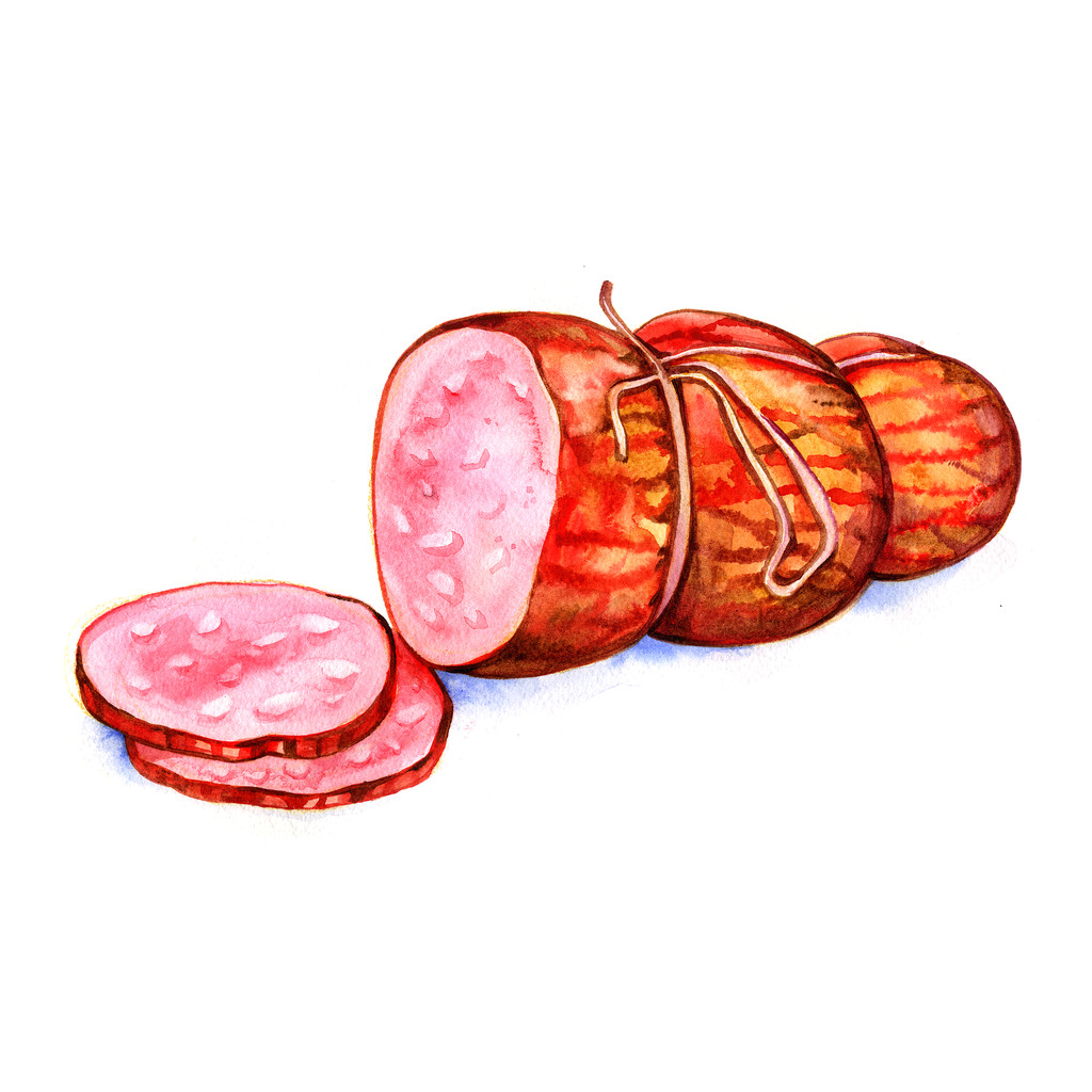 Akwarela mięsa, kiełbasy salami na białym tle - Zdjęcie, obraz