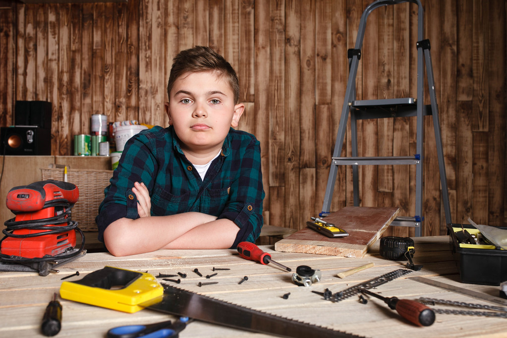 criança construtor para o conceito de trabalho de construção, garoto engraçado
 , - Foto, Imagem