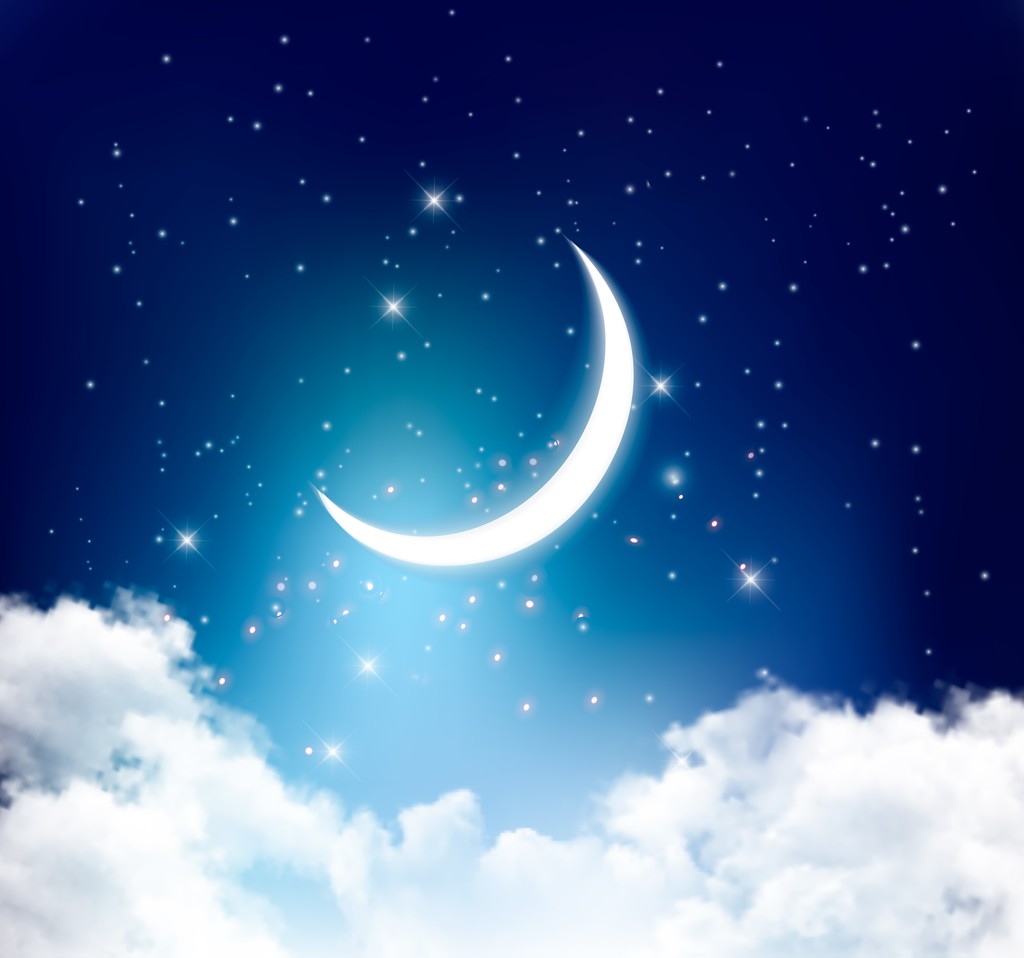 Night sky background with with crescent moon, clouds and stars.  - Vector, Image