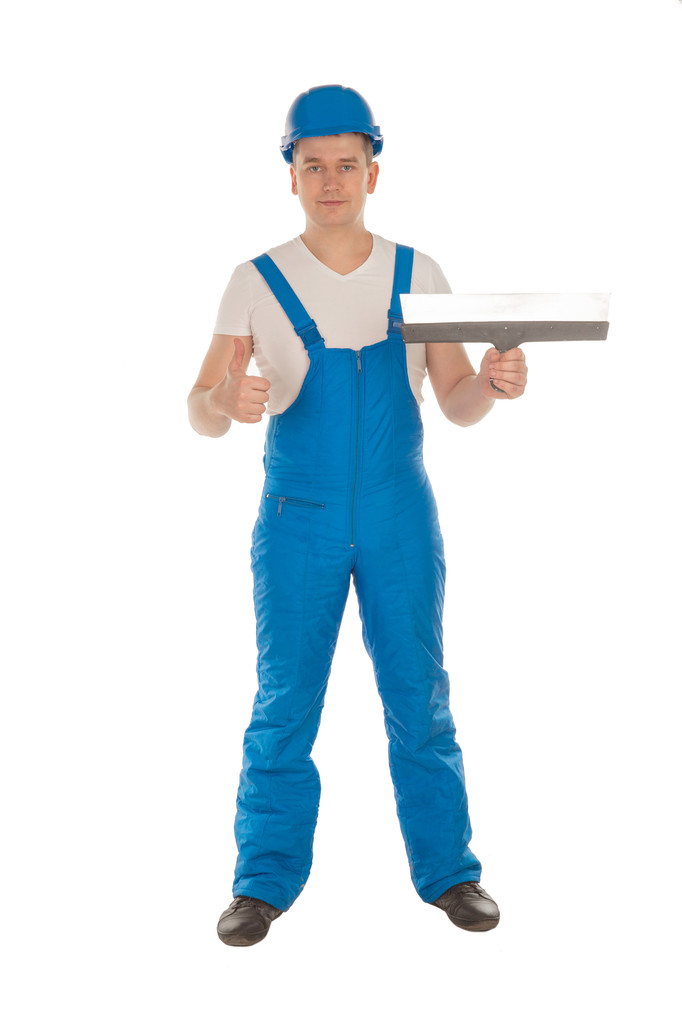 jovem construtor masculino com faca de vidraceiro
 - Foto, Imagem