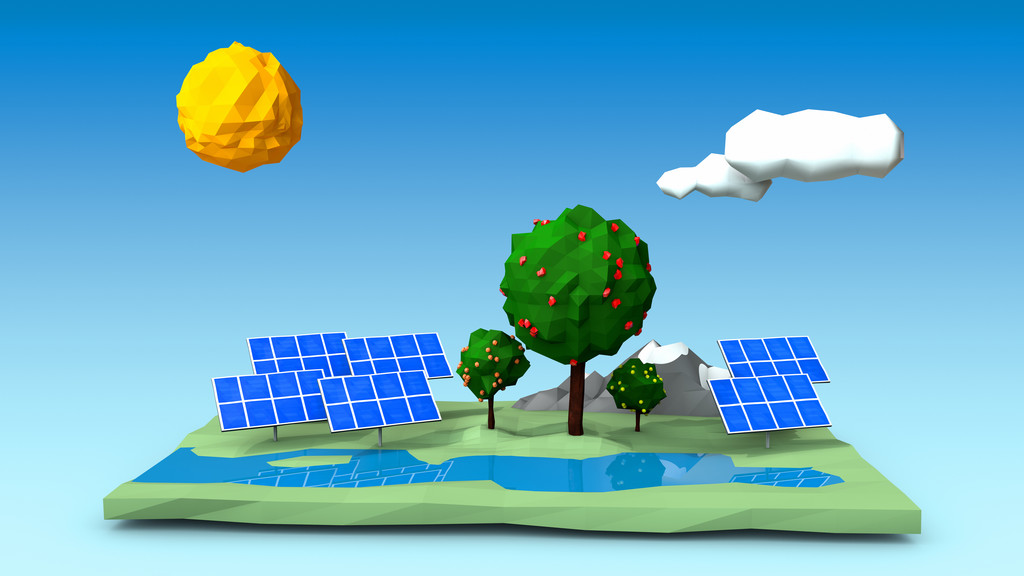 Illustration von Sonnenkollektoren auf einer grünen quadratischen Insel mit Bäumen, Bergen und einem Fluss - Foto, Bild