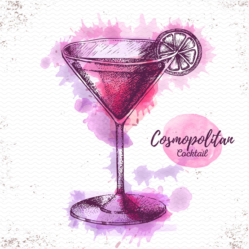 Watercolor cocktail cosmopolitan sketch. Cocktail vector illustration - Vector, Image