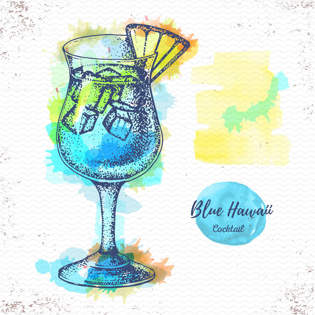 Watercolor cocktail blue hawaii sketch. Cocktail vector illustration - Vector, Image