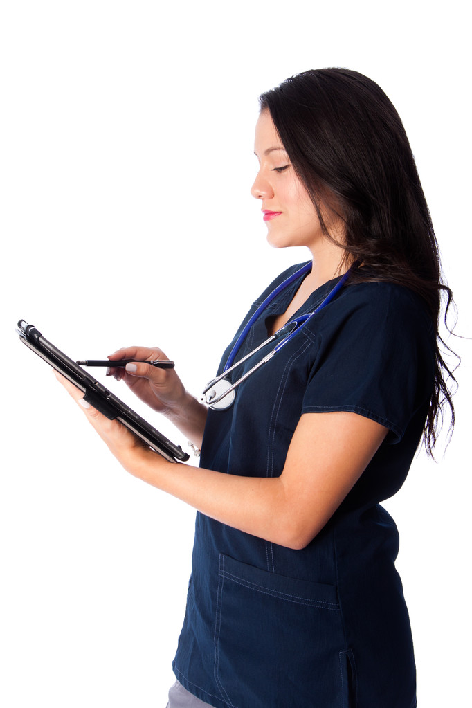 Krankenschwester schreibt digitale Patientenakte - Foto, Bild