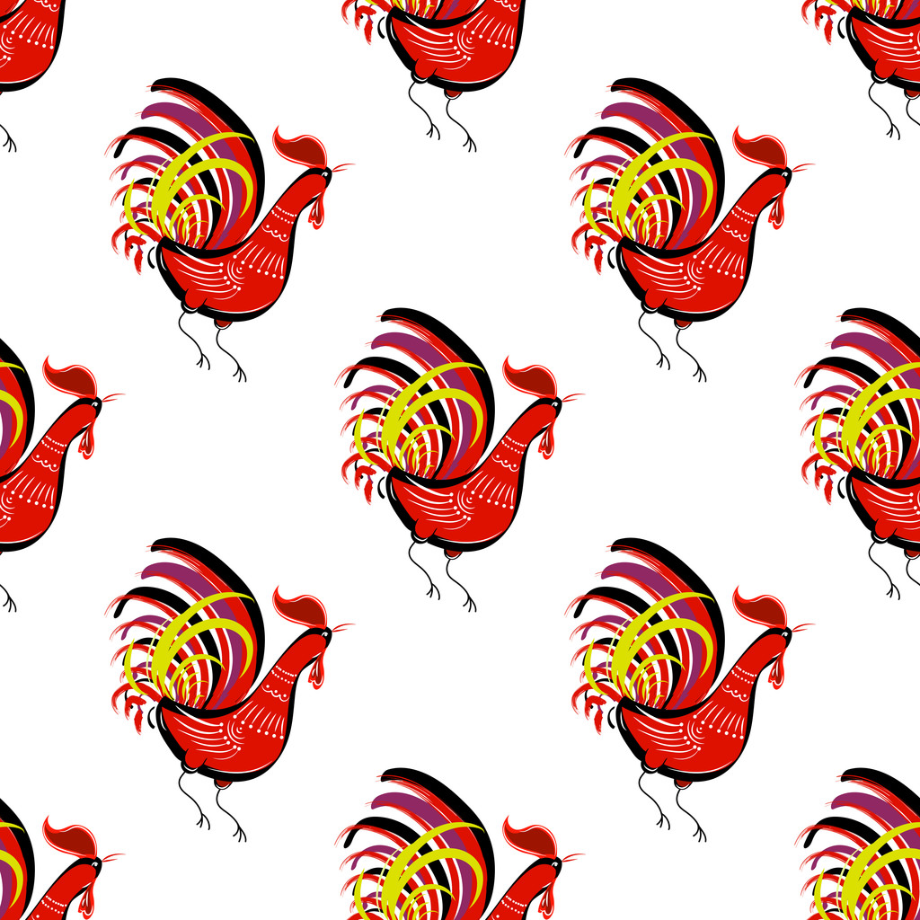 Seamless pattern with color fire cock looking at right. Chinese - Vector, Image