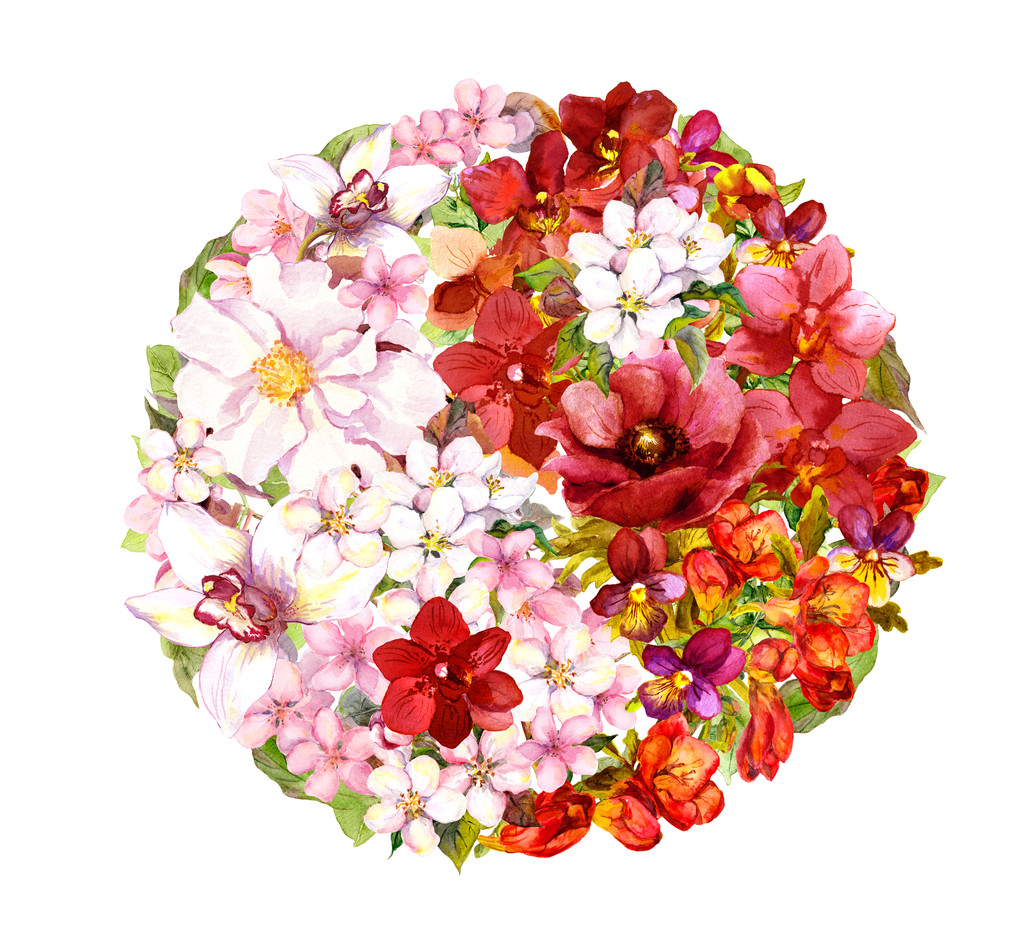 Signo de Yin Yang con flores. Forma floral yinyang. Acuarela
 - Foto, Imagen