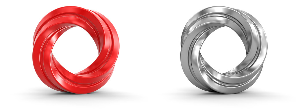 Anéis metálicos e vermelhos torcidos. Imagem com caminho de recorte
 - Foto, Imagem