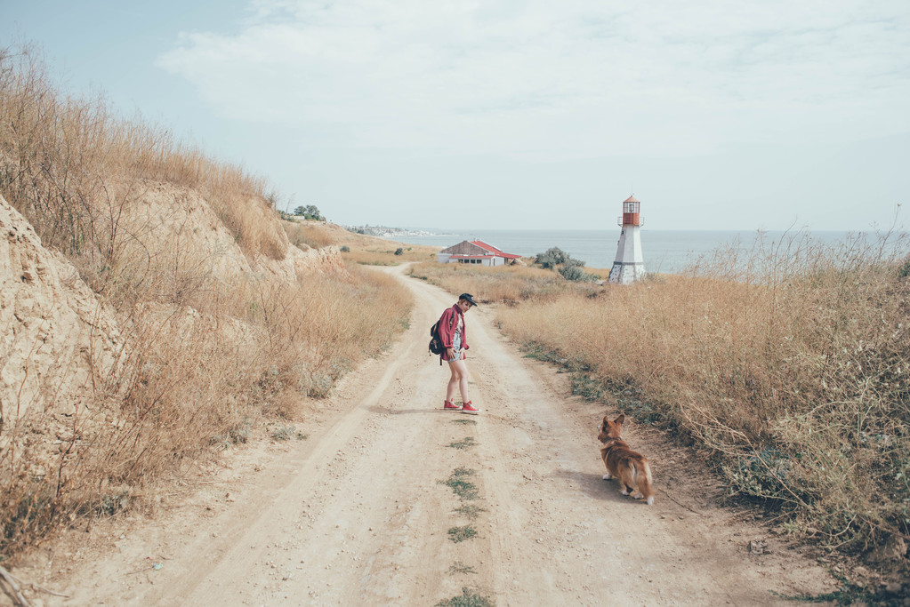 pelirroja chica con galés corgi perro en la playa
 - Foto, Imagen