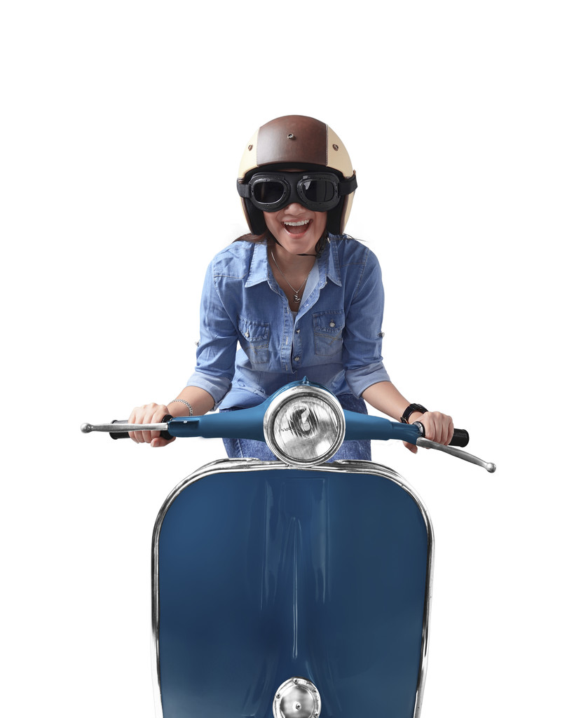 レトロなスクーターのヘルメットの女性 - 写真・画像