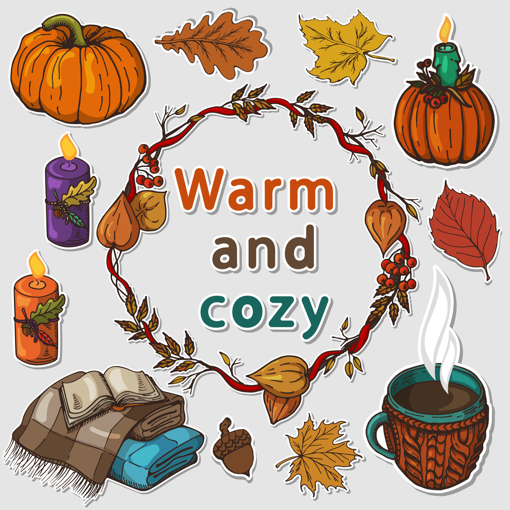 őszi meleg és otthonos dolgok, őszi, belső elemek és őszi levelek - Vektor, kép
