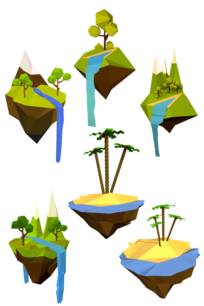 Vector set of colored flying islands with trees, mountains and w - Vector, Image