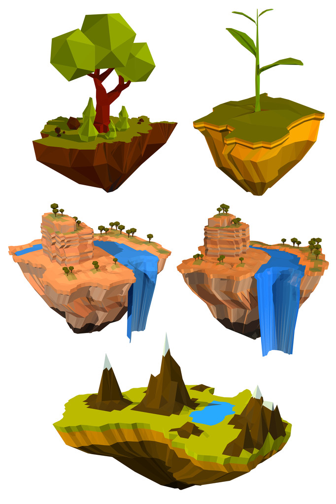 Vektorová sada barevných létajících ostrovů se stromy, horami a w - Vektor, obrázek