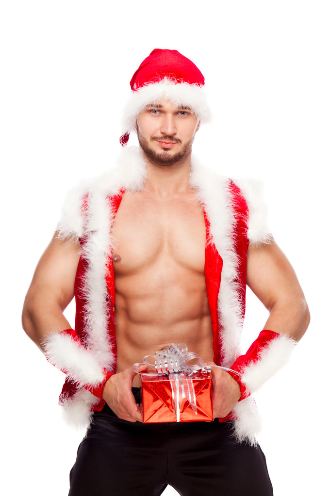 Immagine di uomo sexy che indossa il costume di Babbo Natale, isolato su bianco
 - Foto, immagini