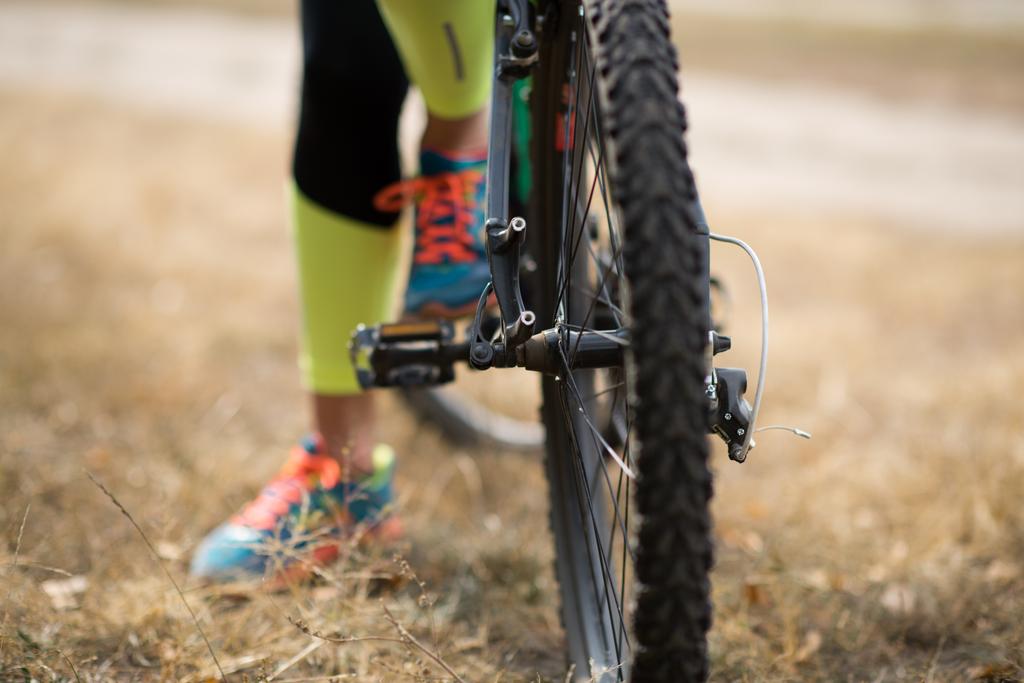 Bicicleta con ciclista en hierba seca
 - Foto, Imagen