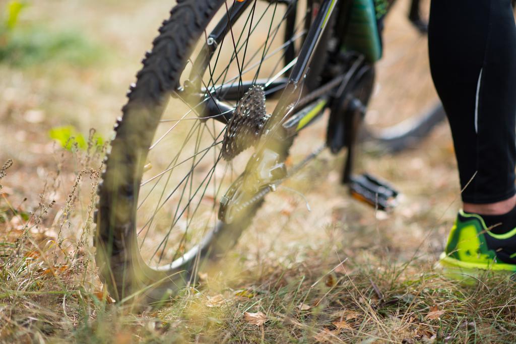 Велосипед з велосипедистом на сухій траві
 - Фото, зображення