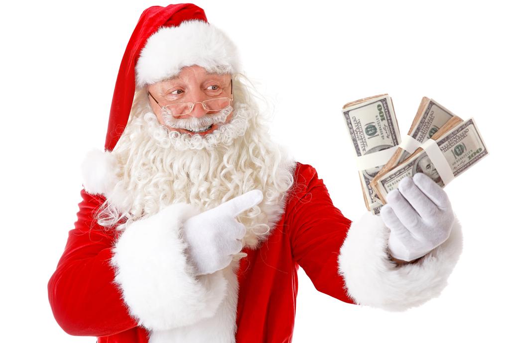 Noel Baba para beyaz arka plan üzerinde tutan - Fotoğraf, Görsel