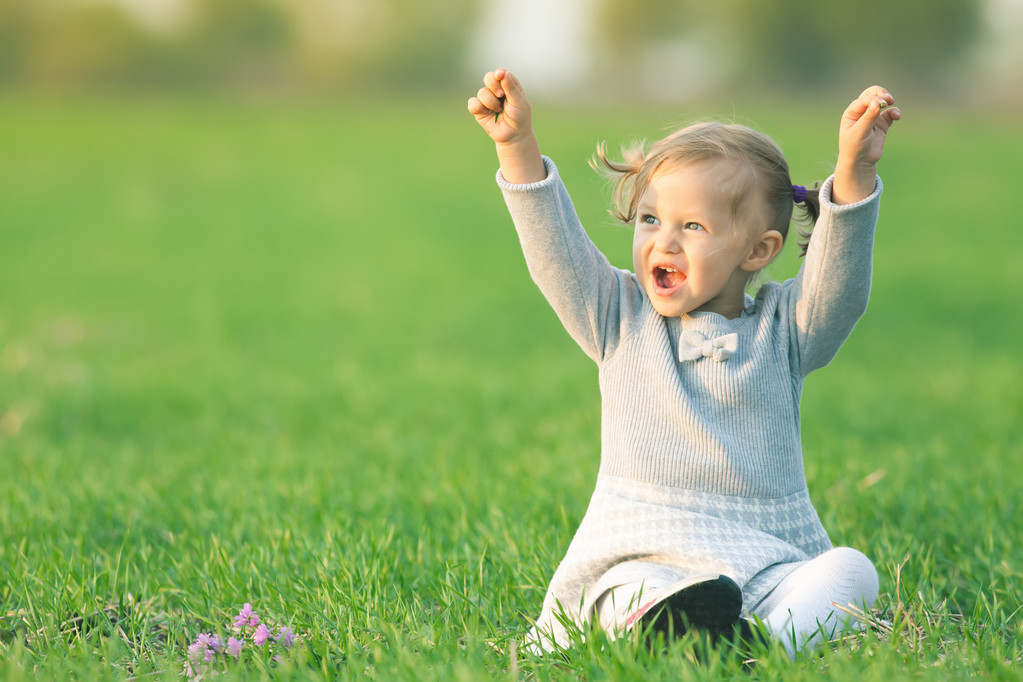 Happy child outdoor, yellow field raised his hands. Autumn, fall - Photo, Image