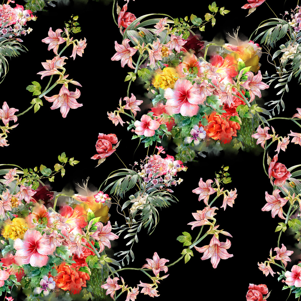 Pintura de acuarela de hojas y flores, patrón sin costuras - Foto, imagen