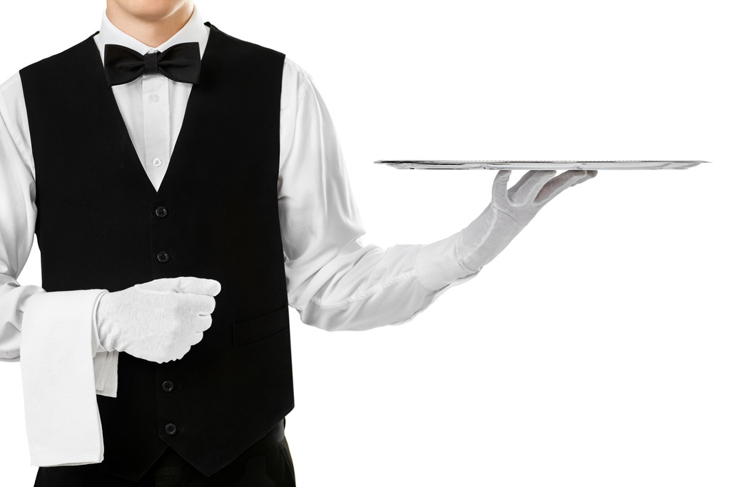 Camarero sosteniendo bandeja de plata vacía
 - Foto, Imagen