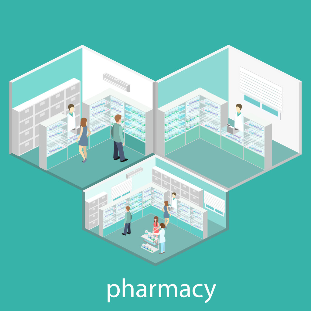 Isometric interiors of pharmacy - Διάνυσμα, εικόνα