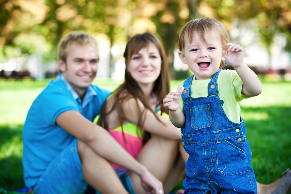 Счастливая семейная прогулка в летнем парке. пикник
 - Фото, изображение