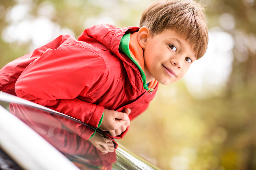 Cute little boy standing in car  - 写真・画像