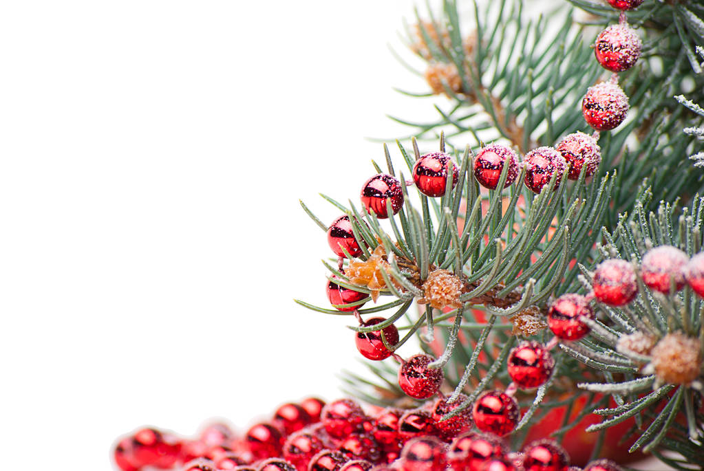 Adornos navideños con rama de árbol sobre blanco
 - Foto, Imagen