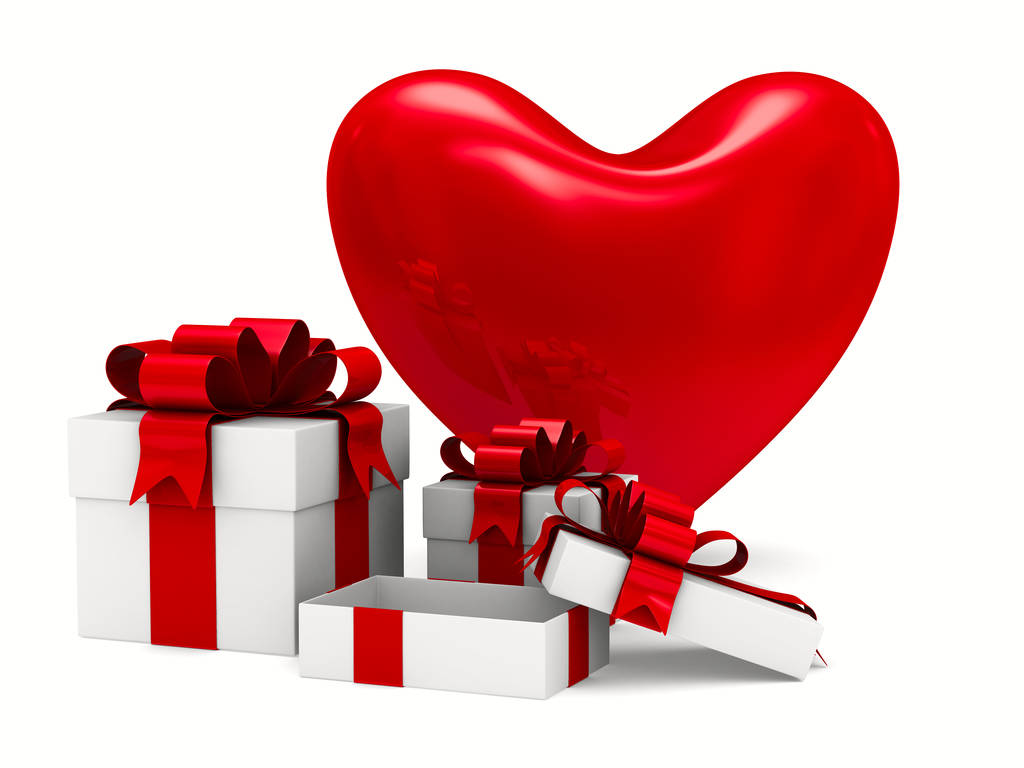 Caja de regalo y corazón sobre fondo blanco. Imagen 3D aislada
 - Foto, imagen