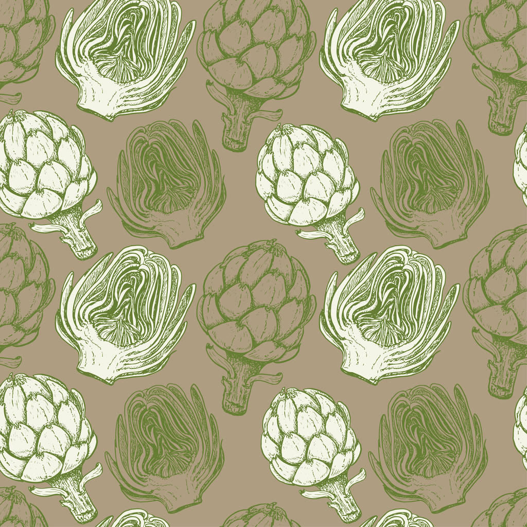 Seamless pattern with artichokes on a beige background - Vector, Image