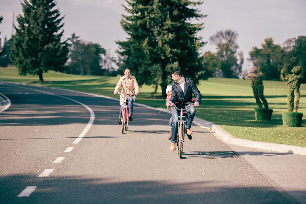 gelukkig familie rijden fietsen in park - Foto, afbeelding