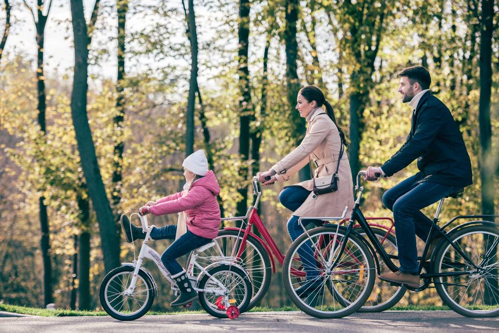 Happy family riding bikes in park - Photo, Image