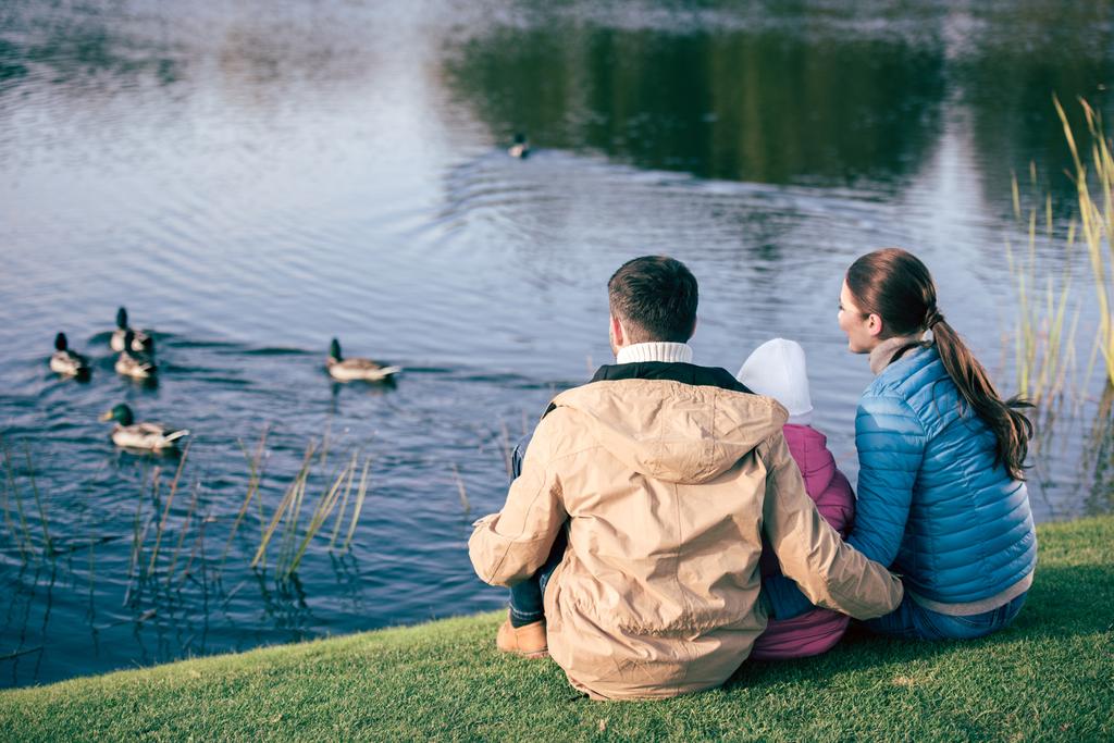 Família olhando para lago com patos
 - Foto, Imagem