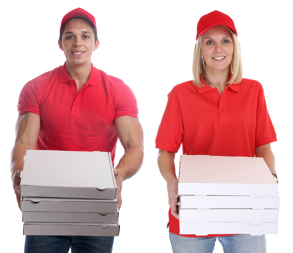 ピザ配達女性男注文仕事若い分離を提供します。 - 写真・画像