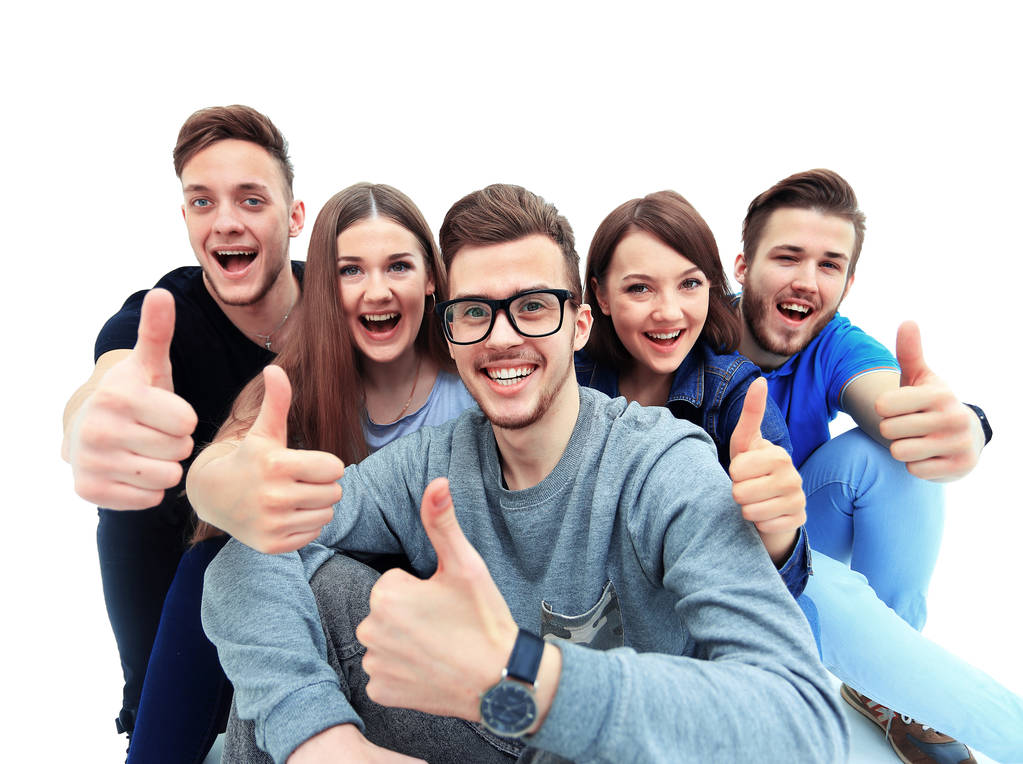 Happy joyful group of friends cheering isolated on white background - Photo, Image
